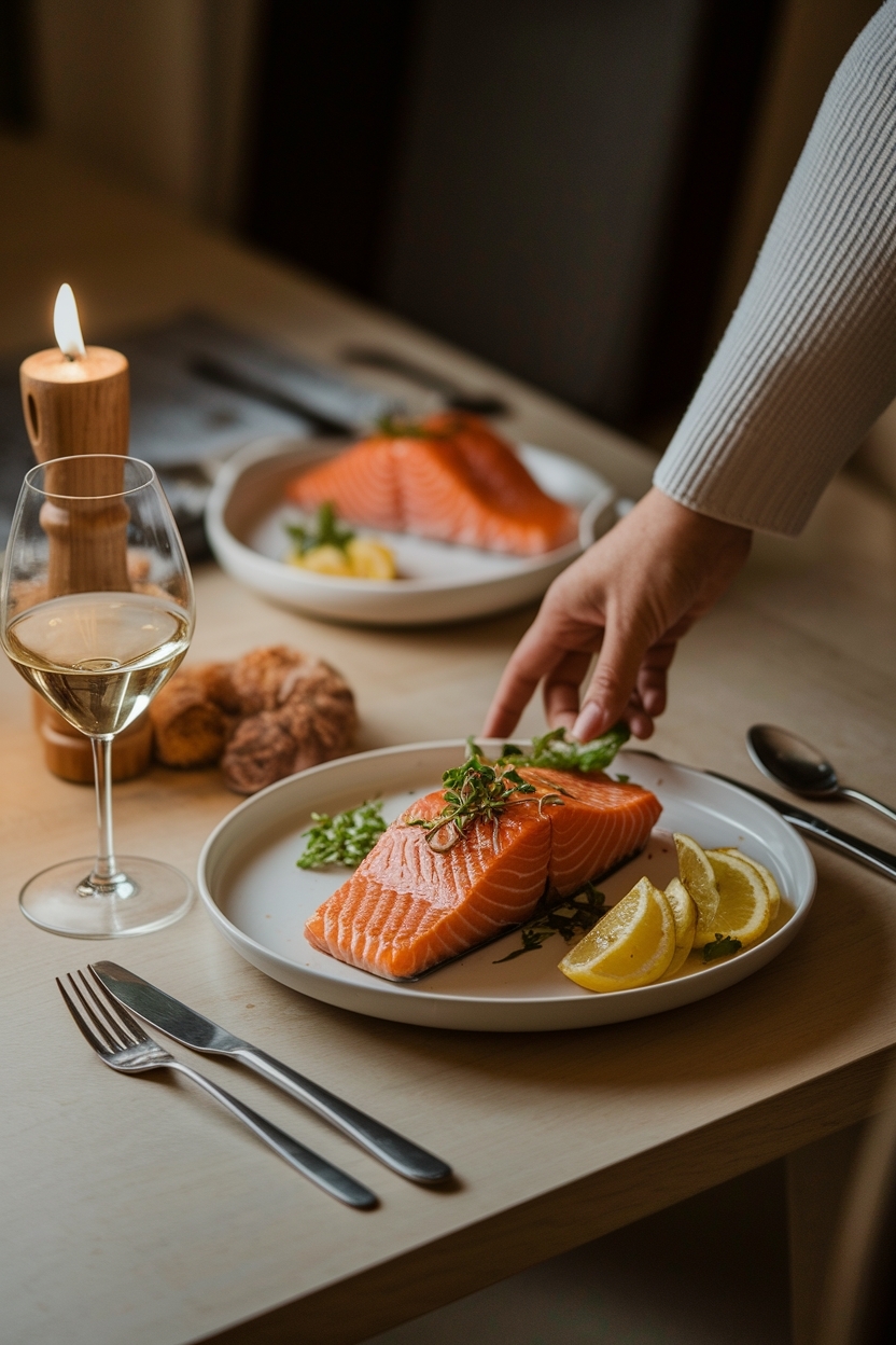 lifestyle scene of salmon dinner