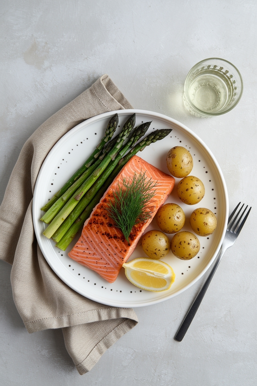 top down flat lay of salmon dinner plate