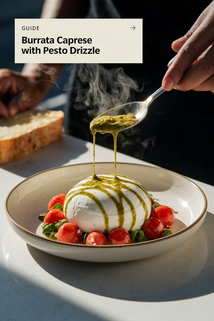 burrata caprese with pesto drizzle