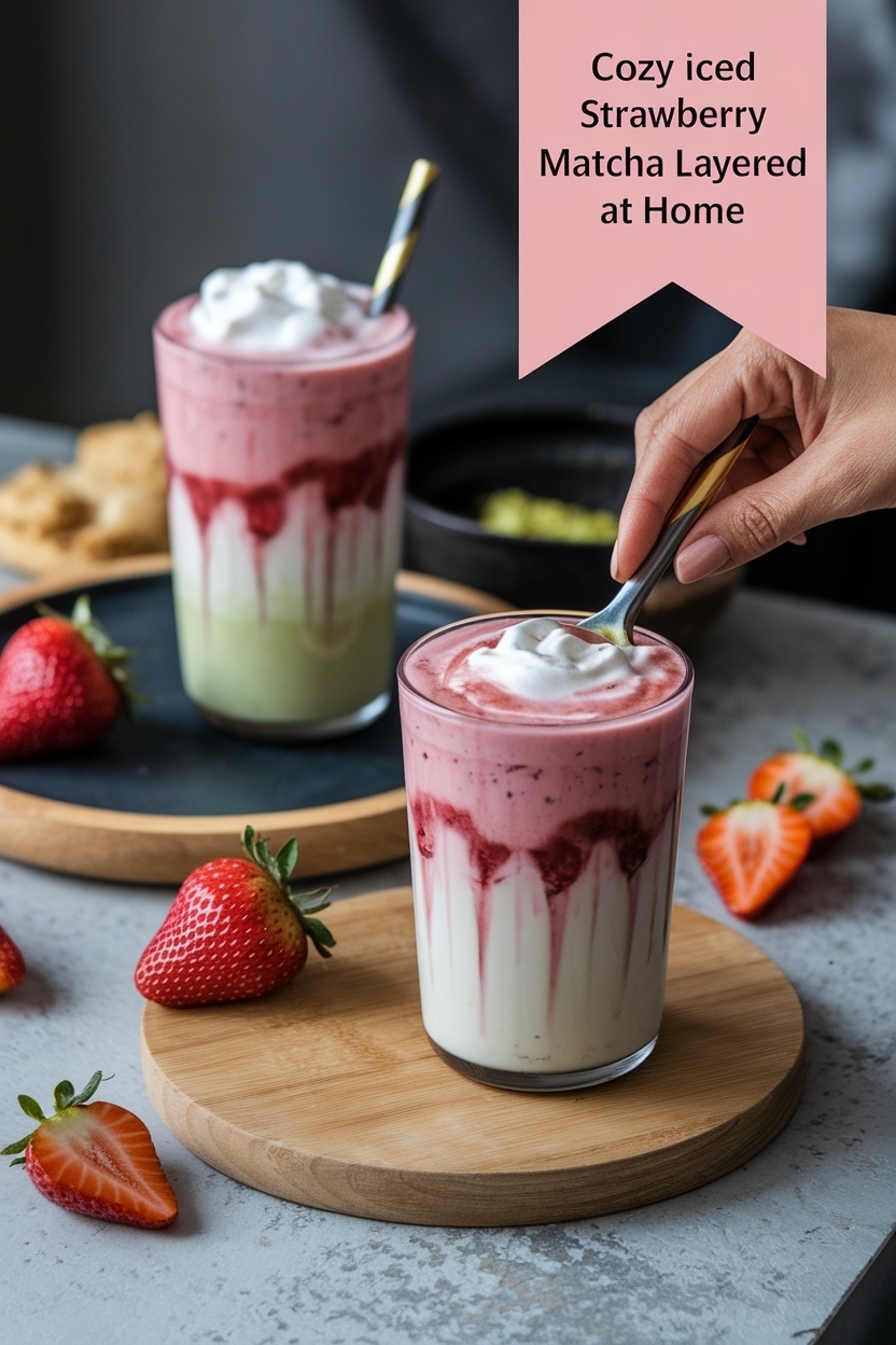 iced strawberry matcha latte layered at home
