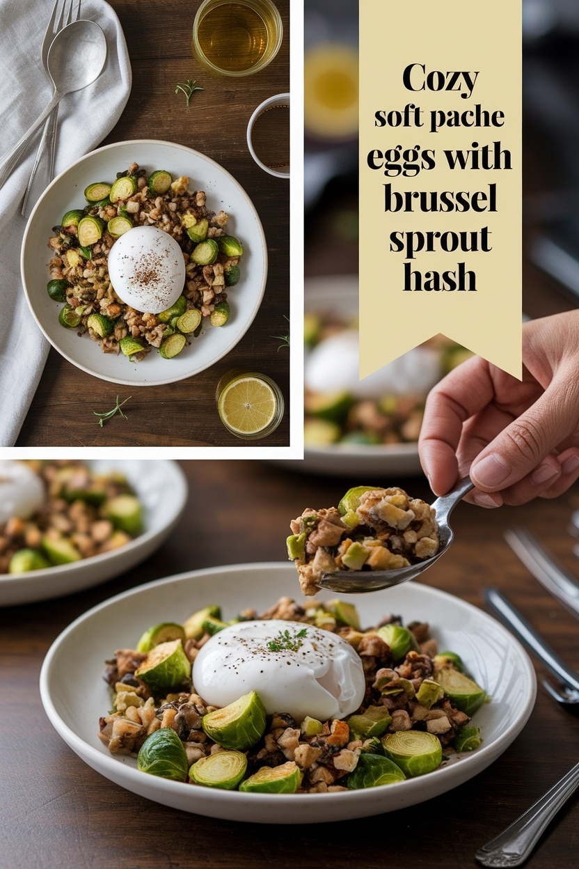 soft poached eggs with brussel sprout hash