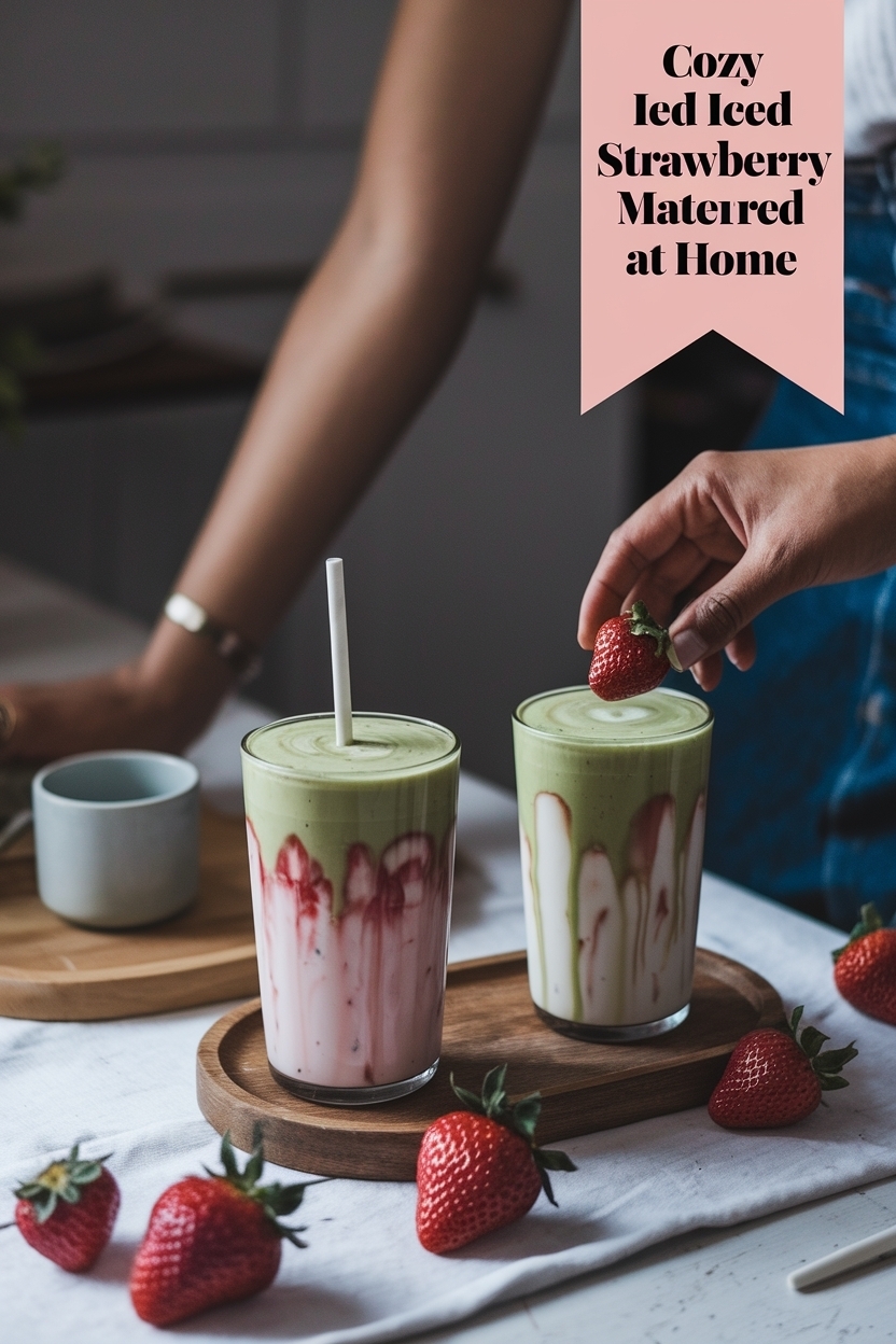 iced strawberry matcha latte layered at home