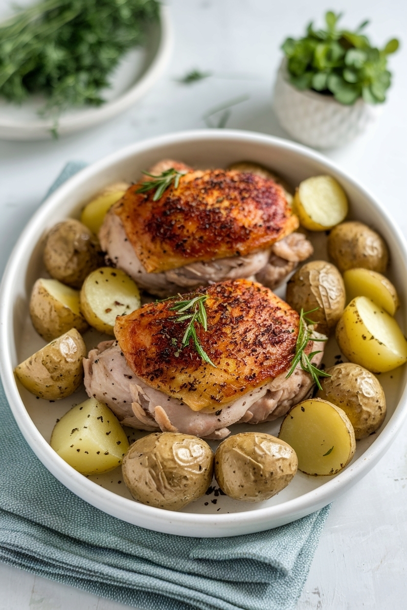 herb roasted chicken thighs with potatoes