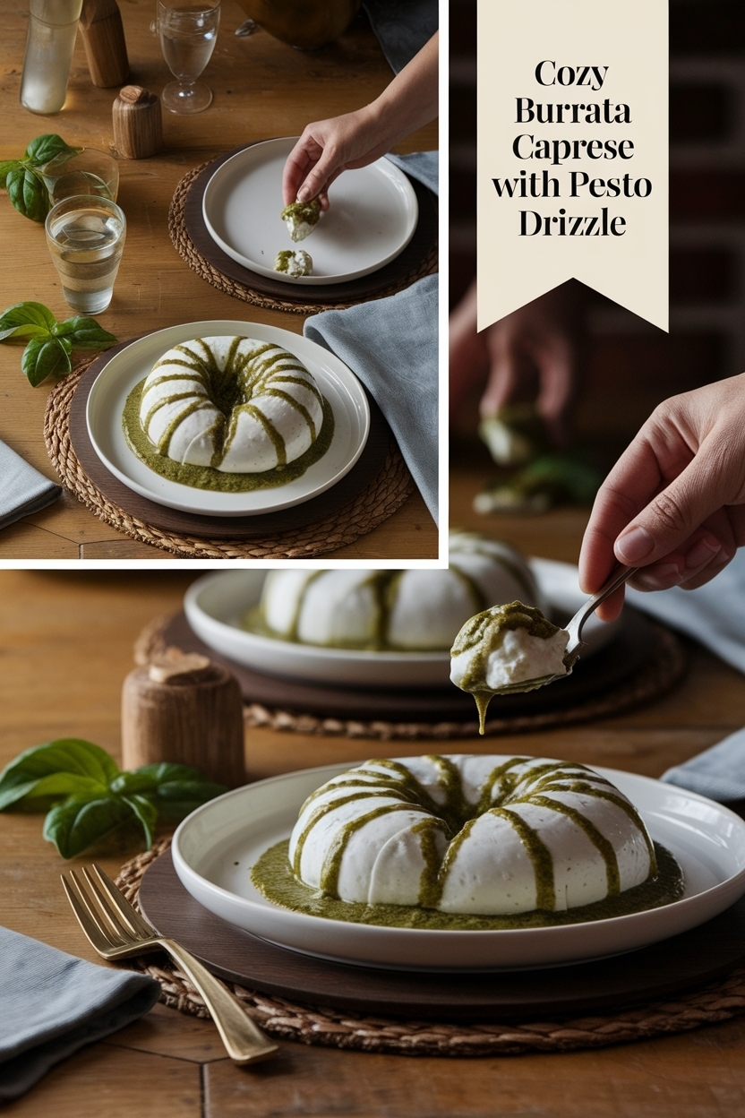 burrata caprese with pesto drizzle