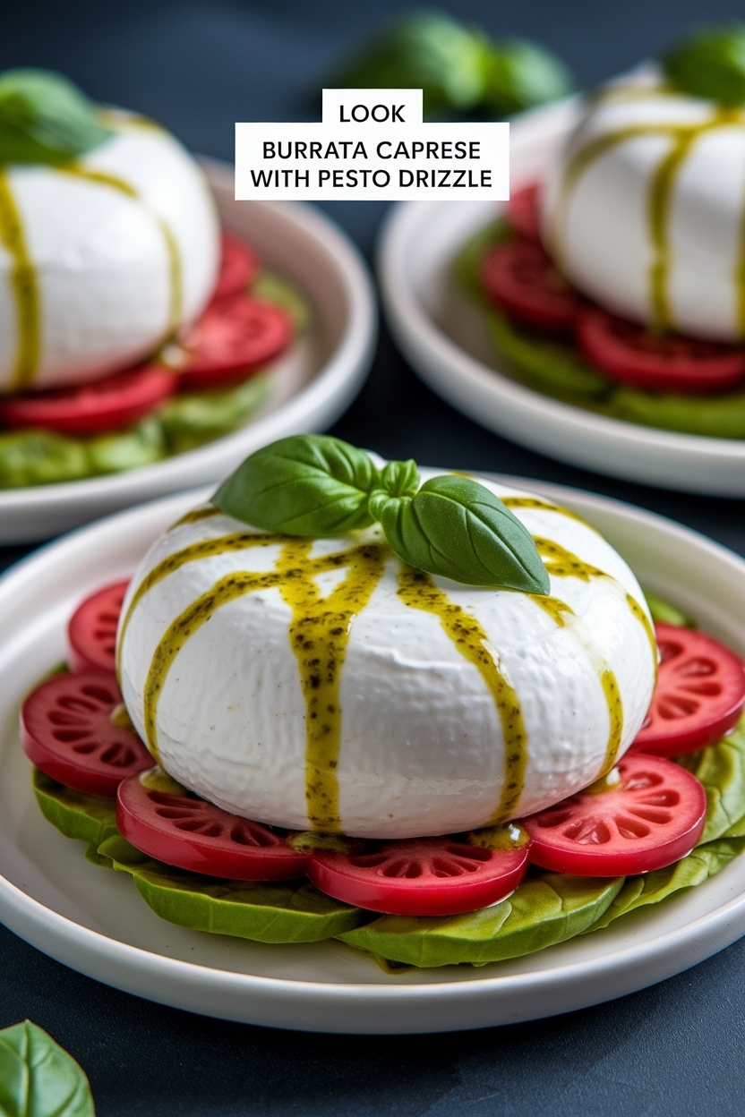 burrata caprese with pesto drizzle