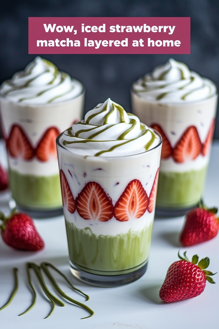 iced strawberry matcha latte layered at home