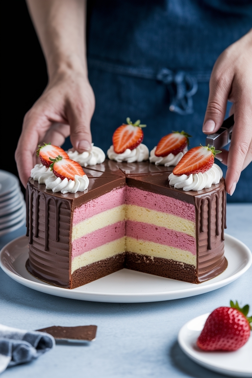 neapolitan layer cake chocolate vanilla strawberry