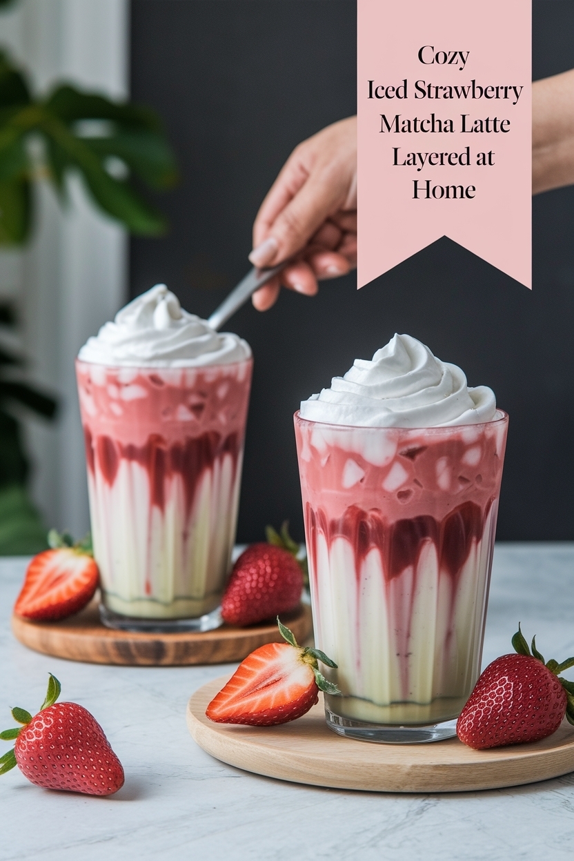iced strawberry matcha latte layered at home