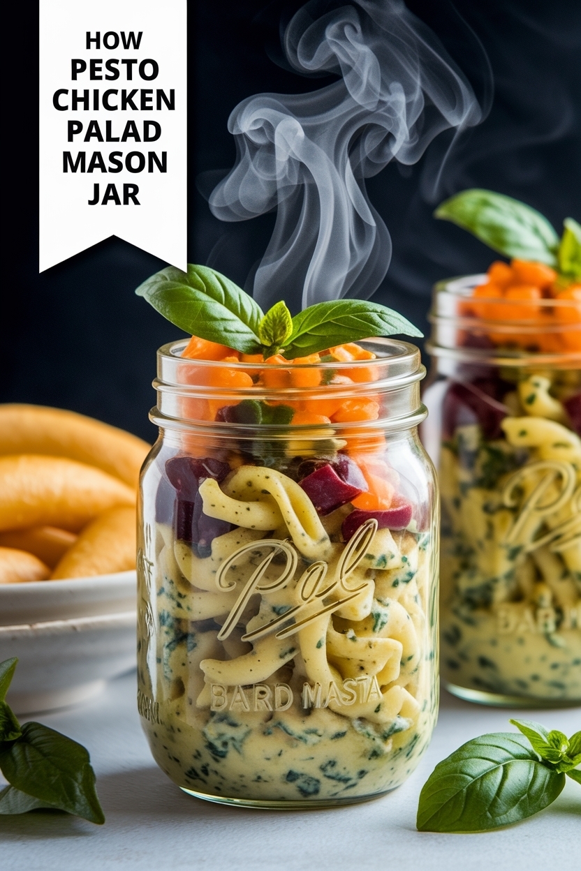 pesto chicken pasta salad mason jar