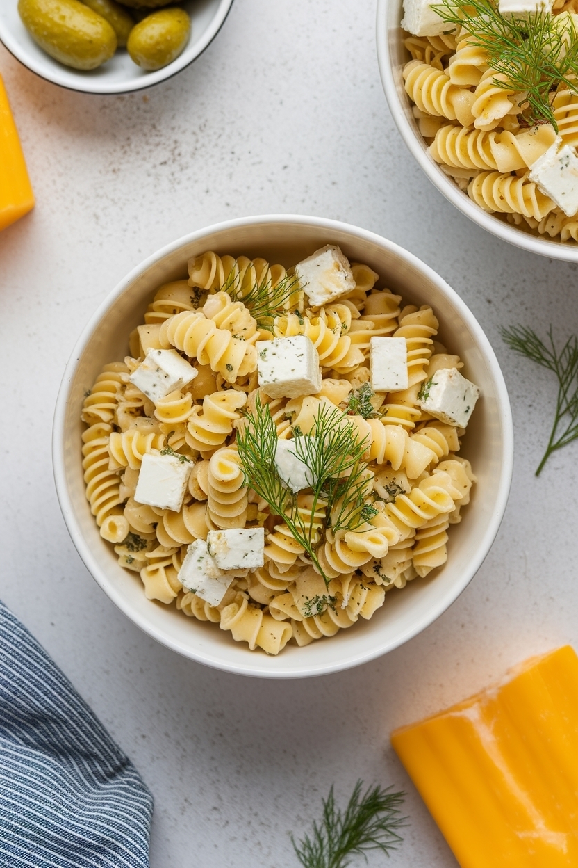 dill pickle pasta salad cheddar cubes