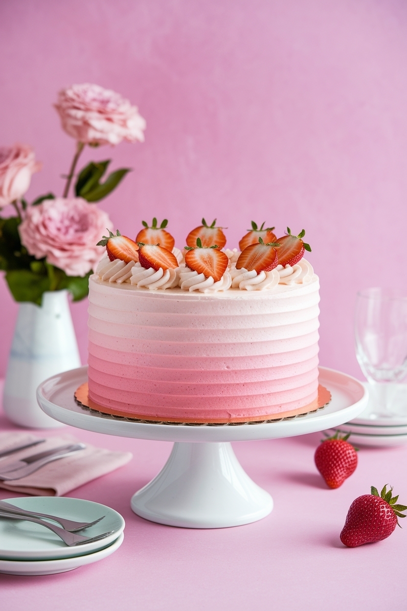 ombre pink layer cake strawberry buttercream
