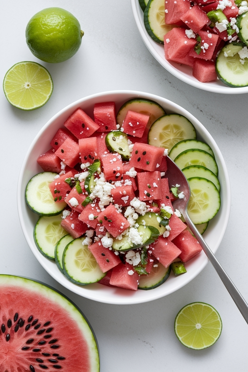 watermelon cucumber salad feta lime